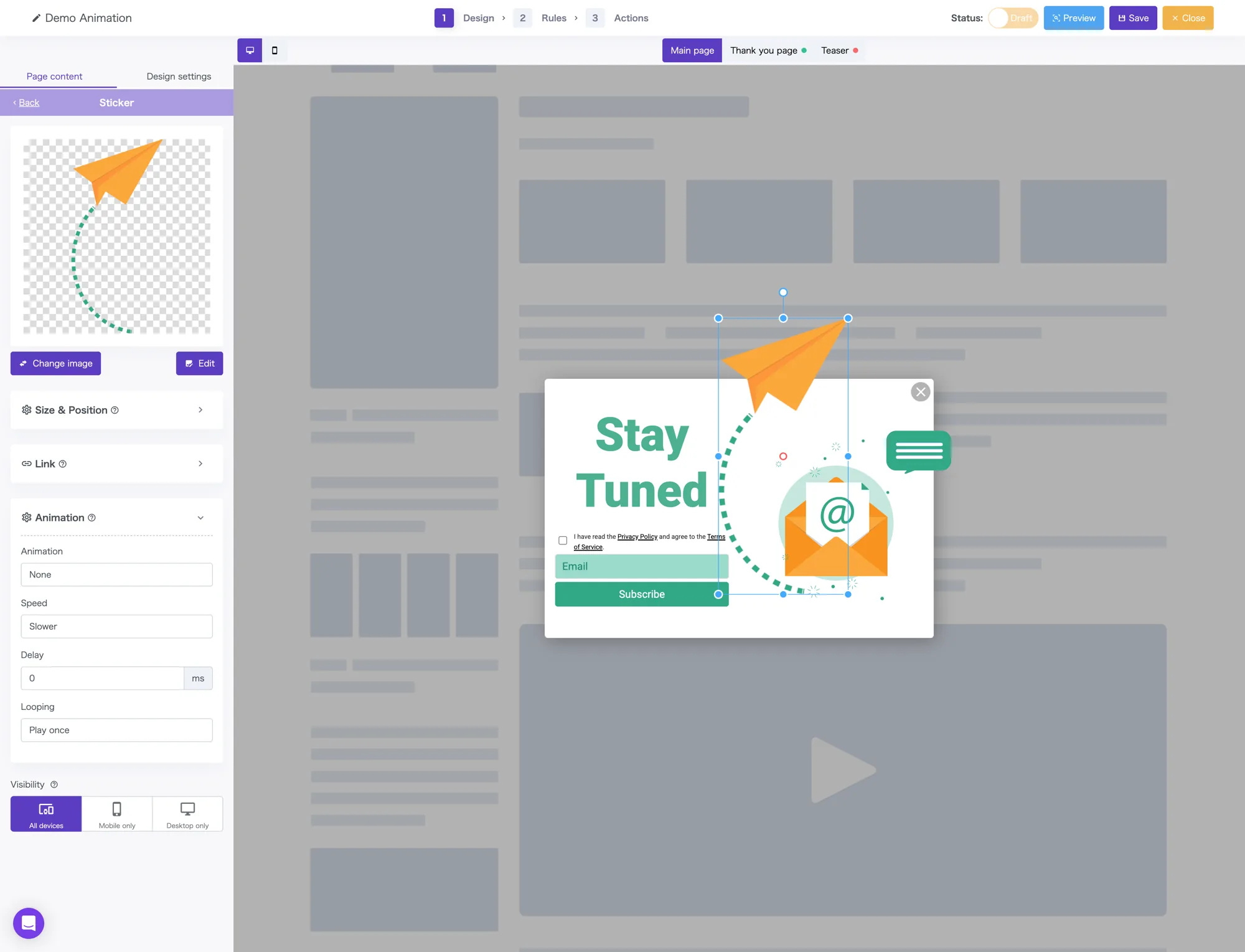 Editor for sticker animation — fade-in, speed, delay, repeat, device targeting