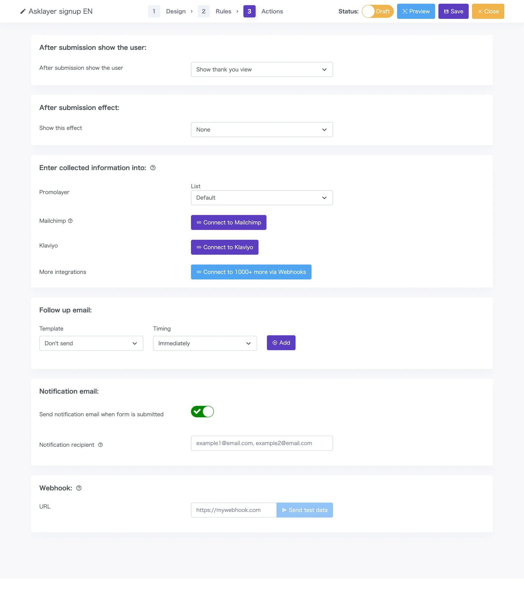 Post-submit action settings (Mailchimp/Klaviyo integration, follow-up email, notification email, webhook)