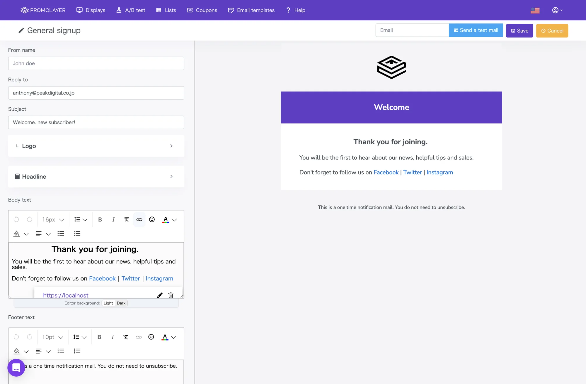 Promolayer auto-reply email template editor