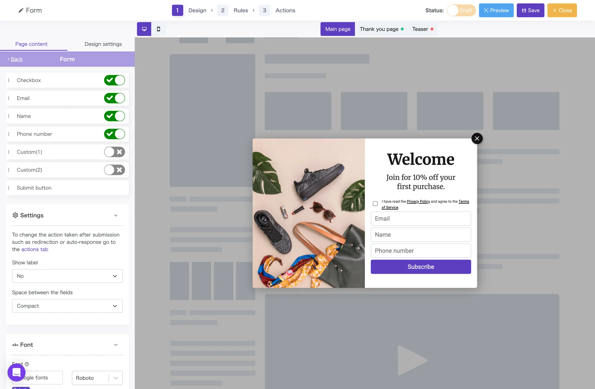 Promolayer form builder editor with field reordering and visibility toggles