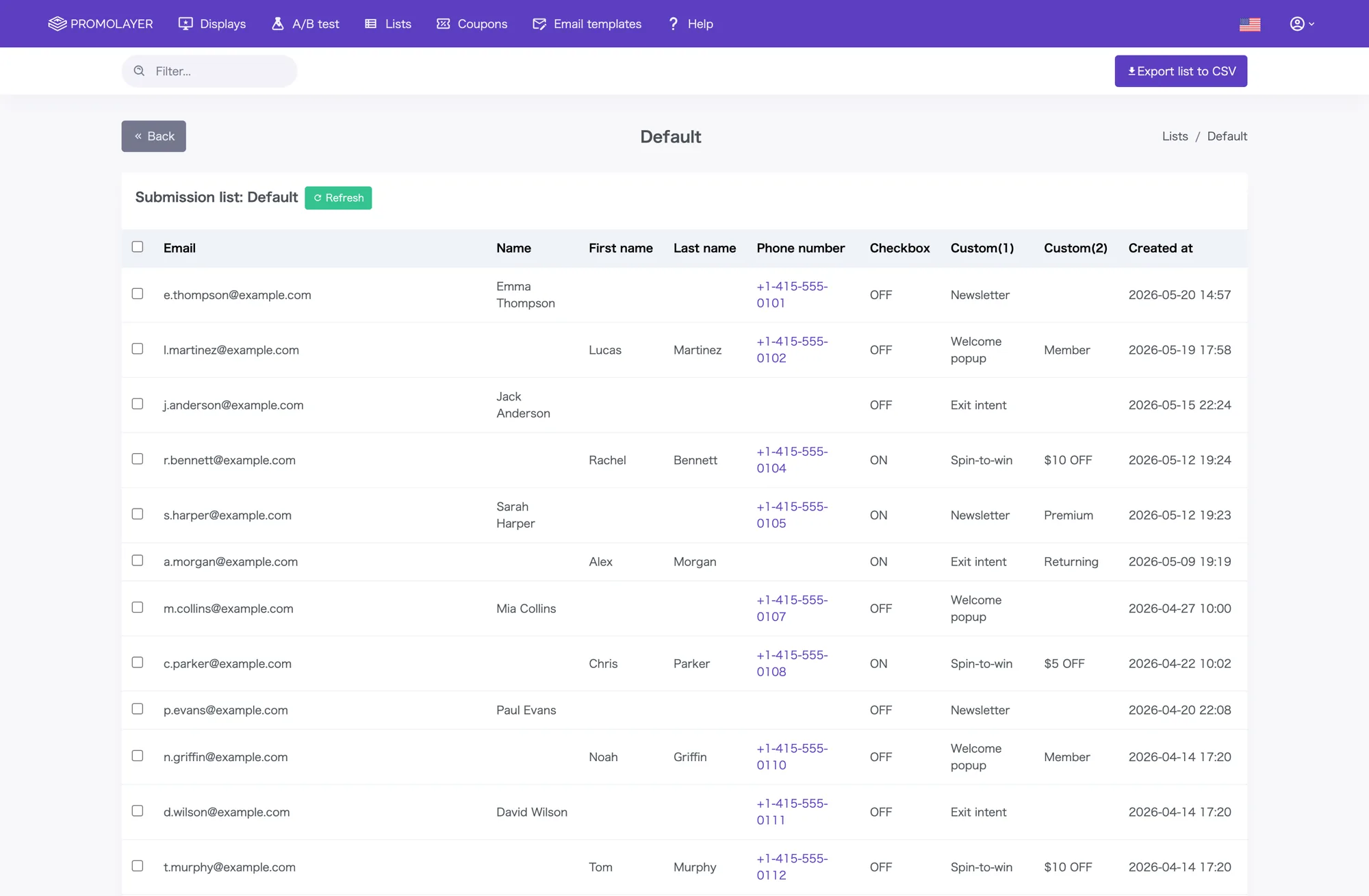 Promolayer subscriber list view — email, name, phone, and custom fields, with CSV export