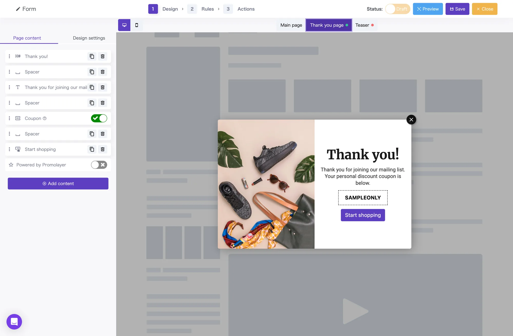 Thank-you screen editor preview with a Thank you! message, coupon code, and action button