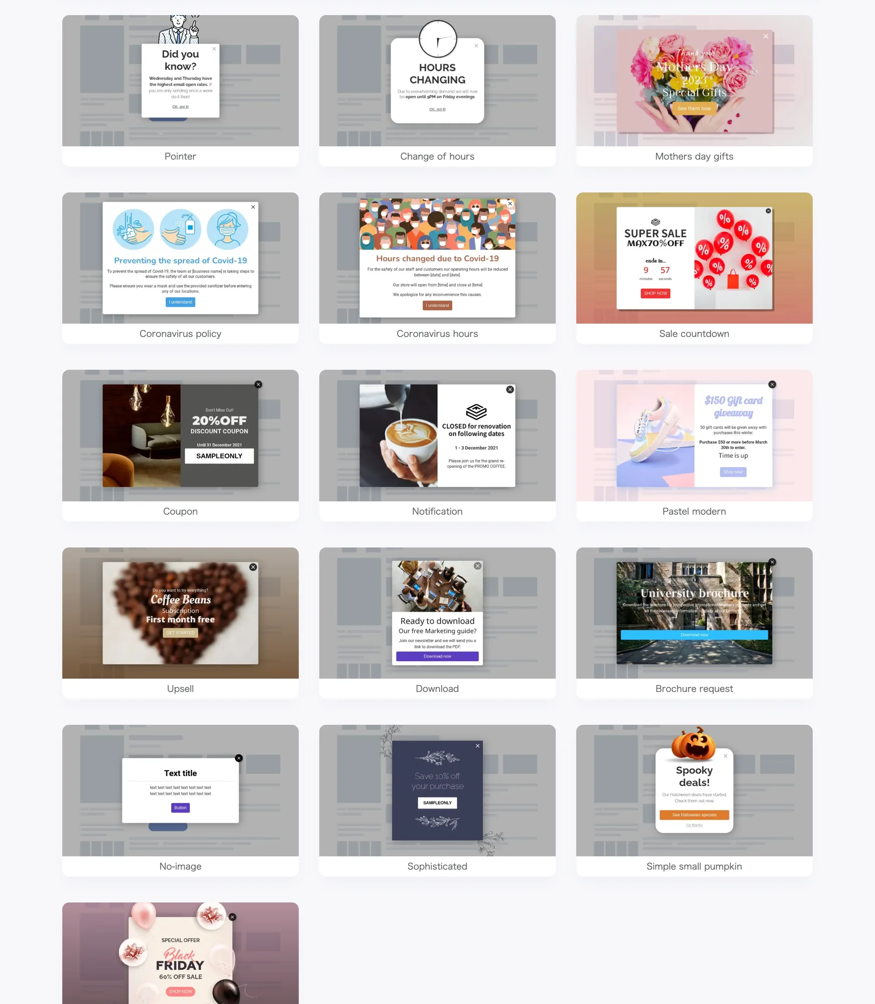 Popup template picker filtered to the notification category