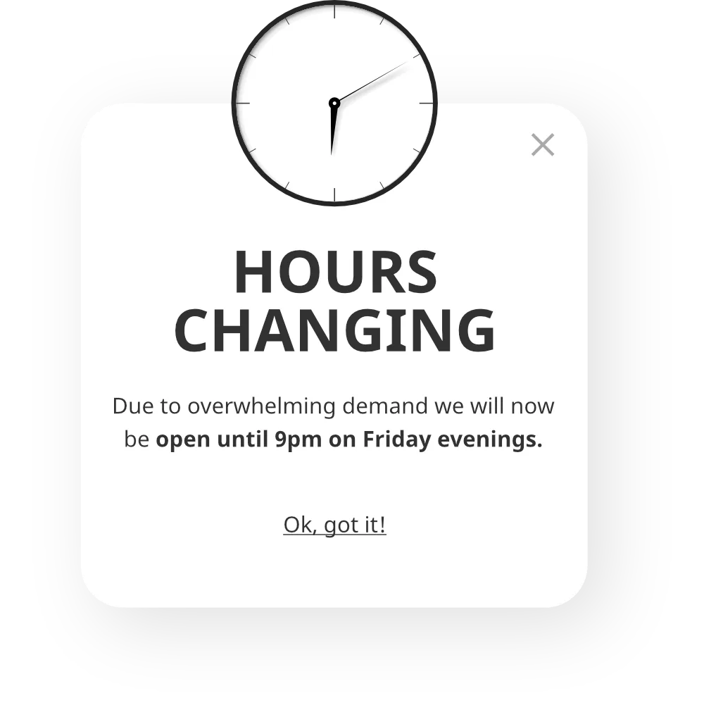 Business hours change notification popup