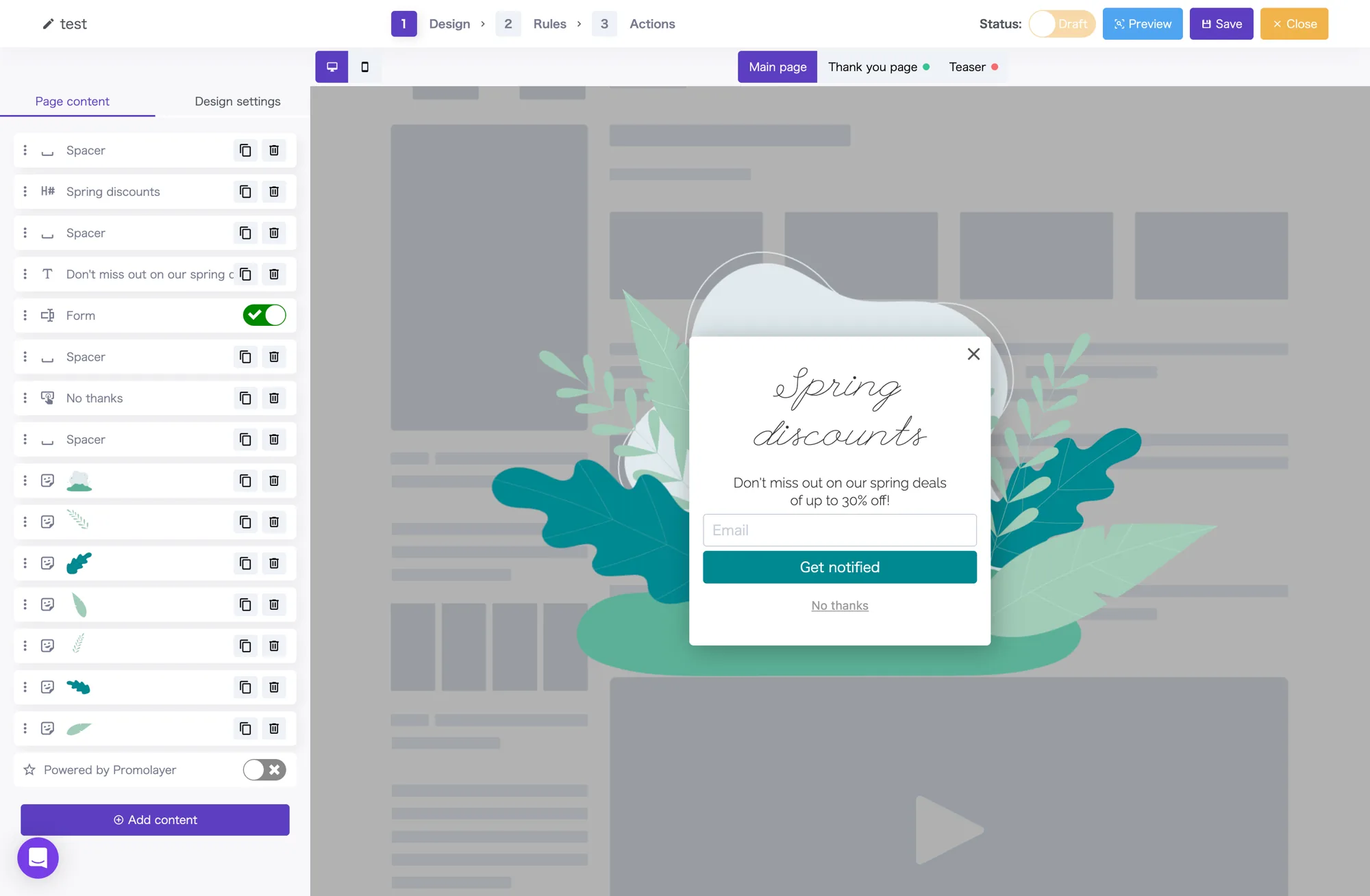 Promolayer popup builder editor with a real-time preview