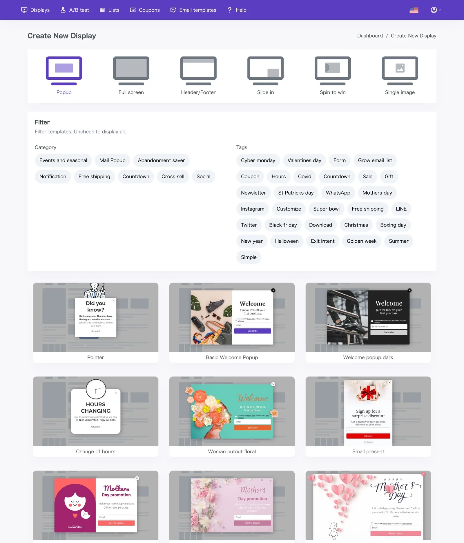 Popup template picker with filters