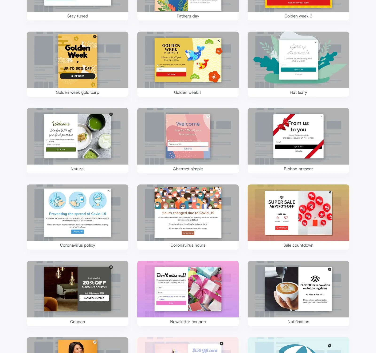 Seasonal and campaign popup templates