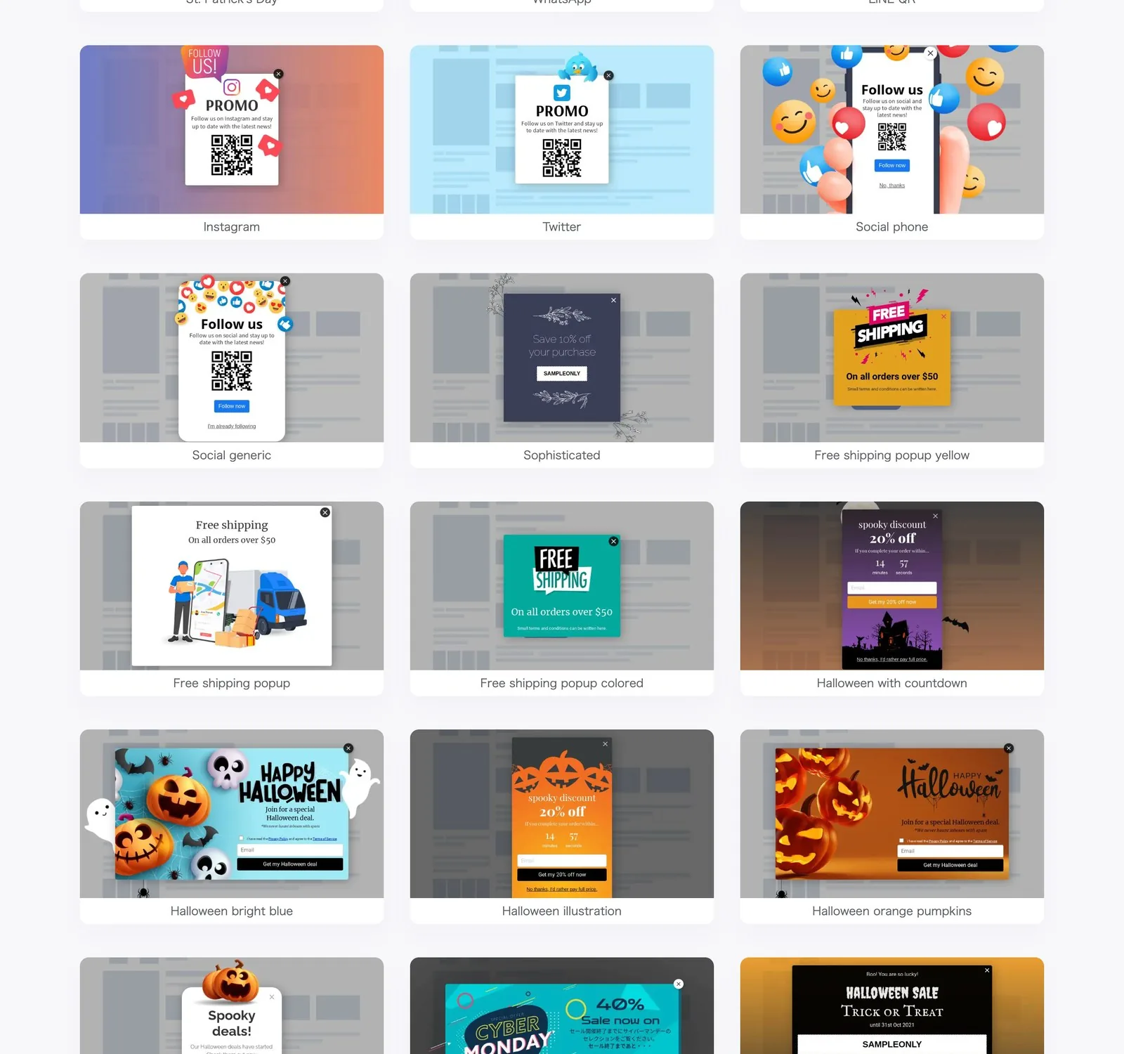 A variety of popup templates including Halloween and free shipping