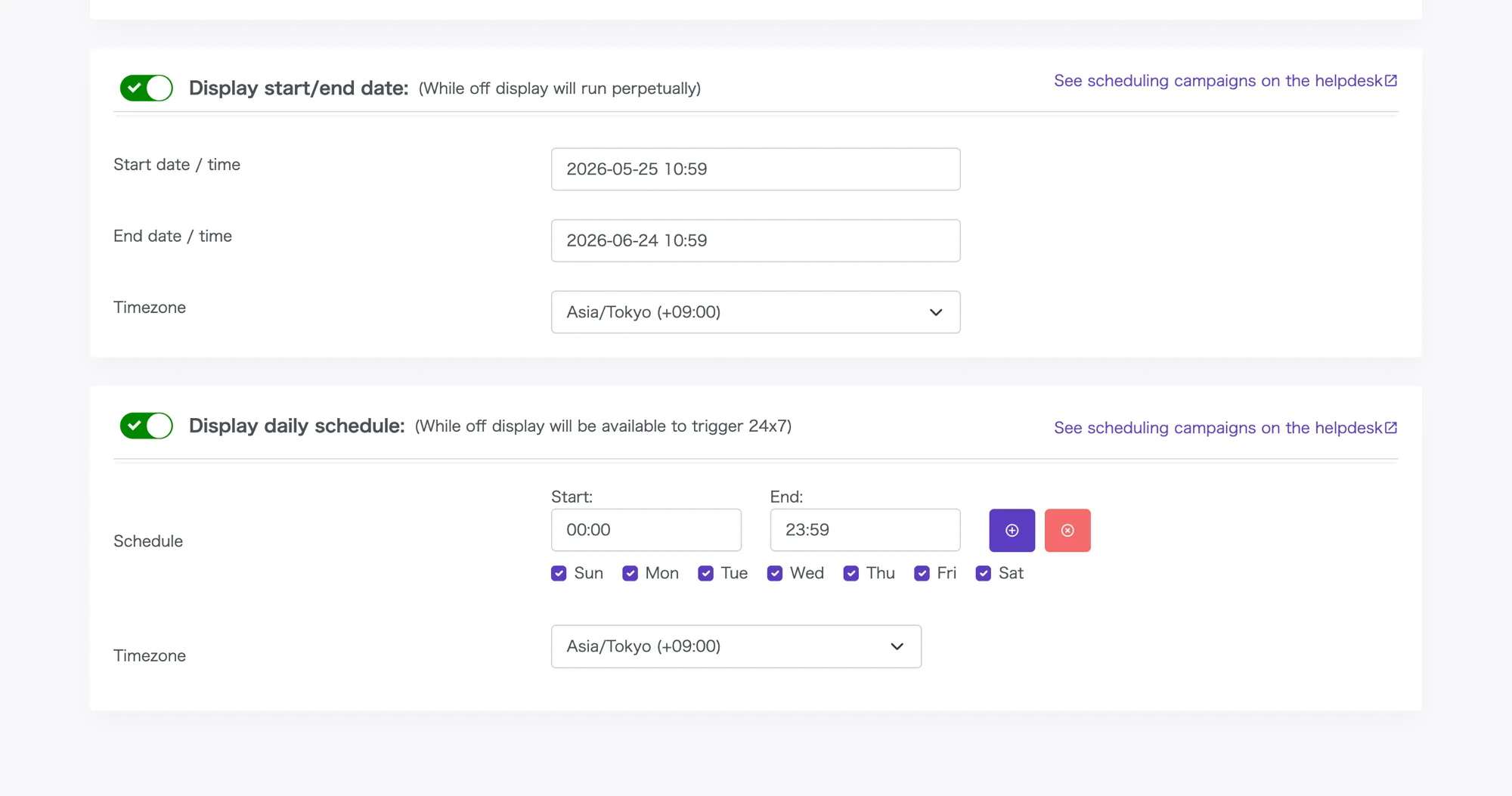 Notification popup scheduling screen (start time, end time, timezone, weekday rules)