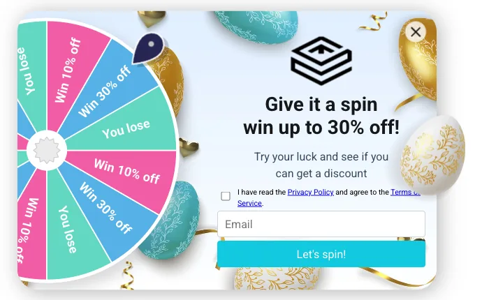 Seasonal spin-to-win popup with discount wheel