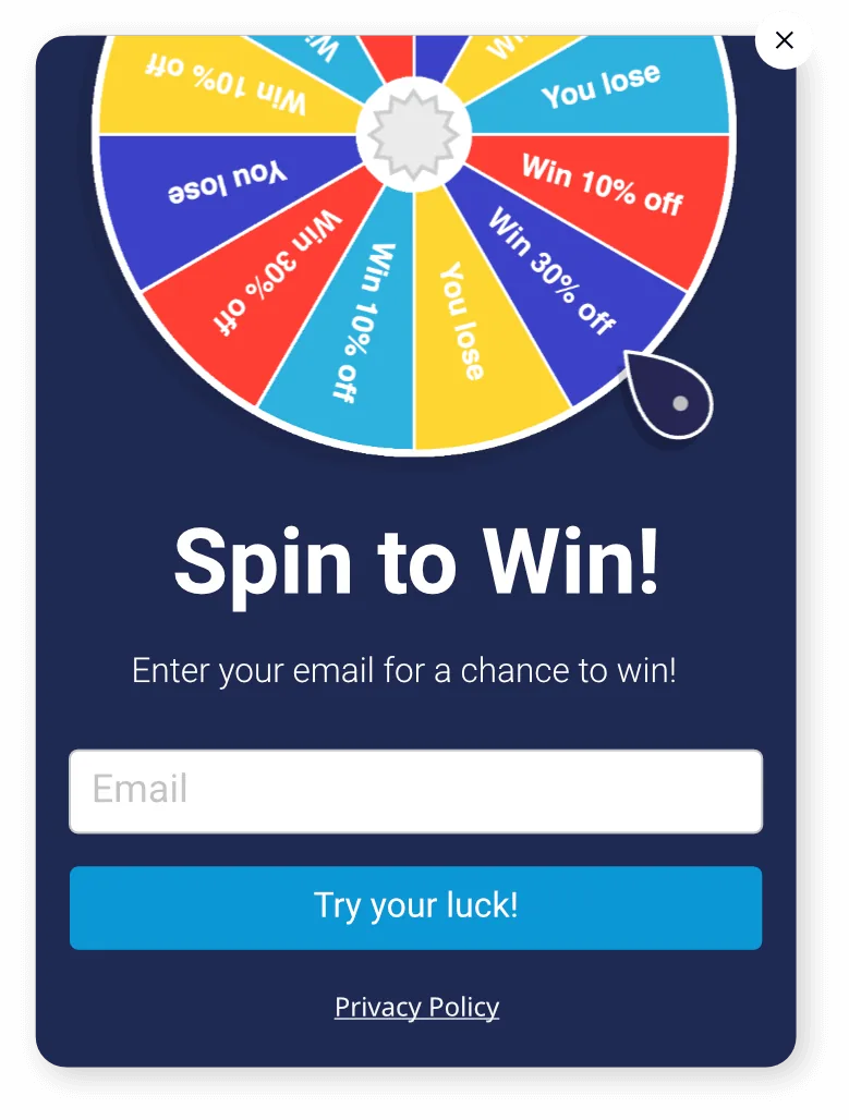 Spin-to-win popup that collects email addresses