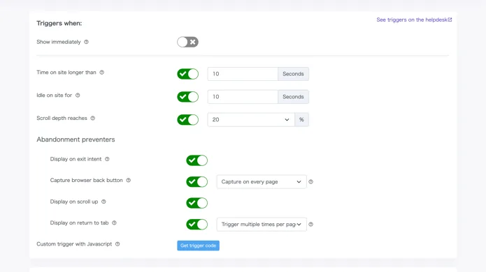 Engagement trigger settings (time on page, scroll, inactivity, exit detection)