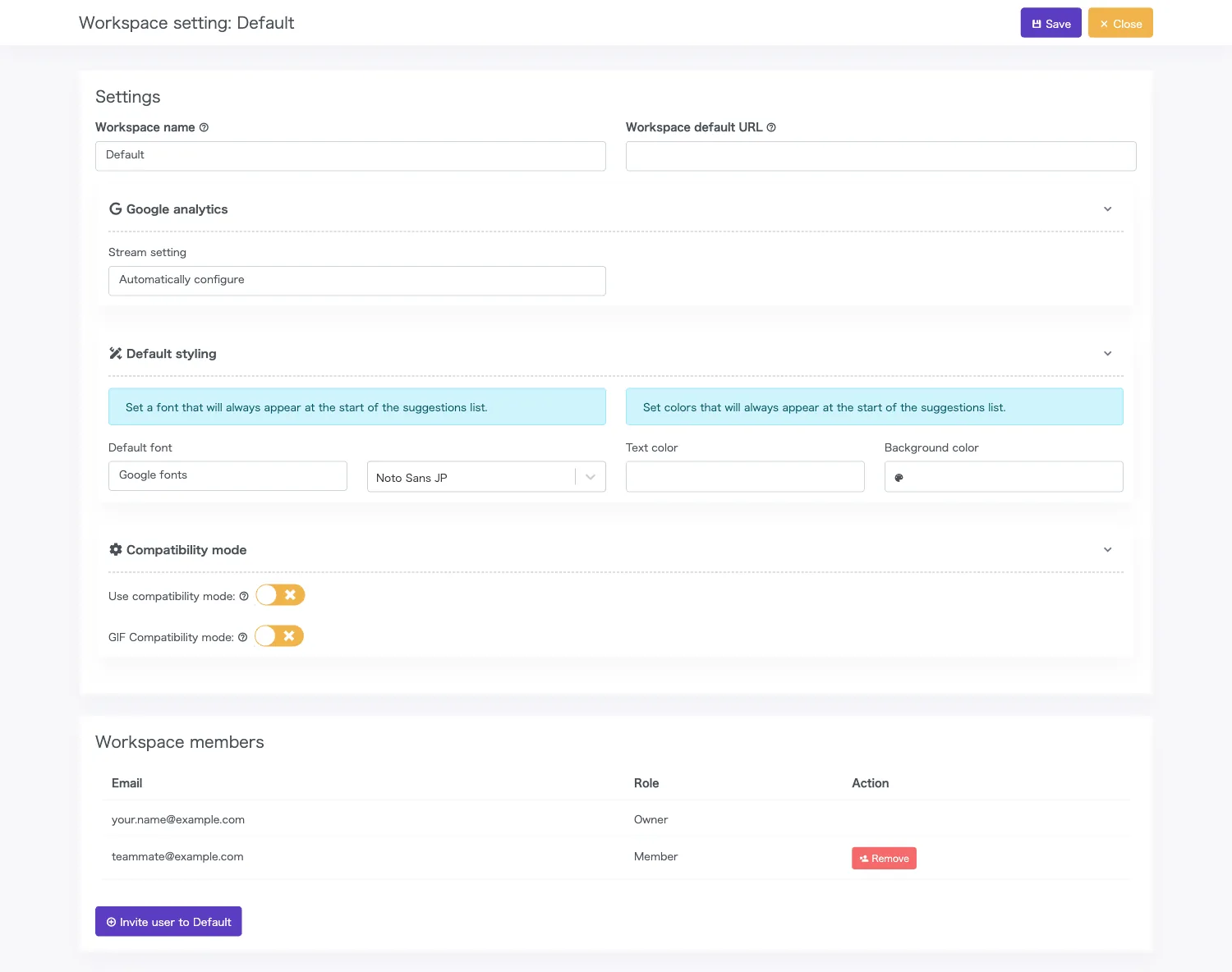 Workspace settings page — name, default URL, Google Analytics, default styles, compatibility mode, and member management