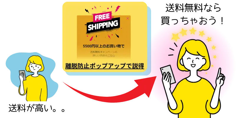 「あと◯円で送料無料」を訴求するカゴ落ち防止用ライトボックスポップアップの例