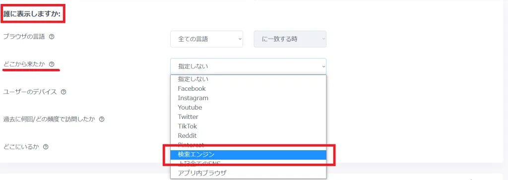 ソーシャルメディア（SNS）宣伝　アクション設定画面